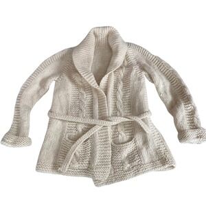 Cream Cable Knit Shawl Collar Cardigan Belted Pockets Sweater hand knit wool‎